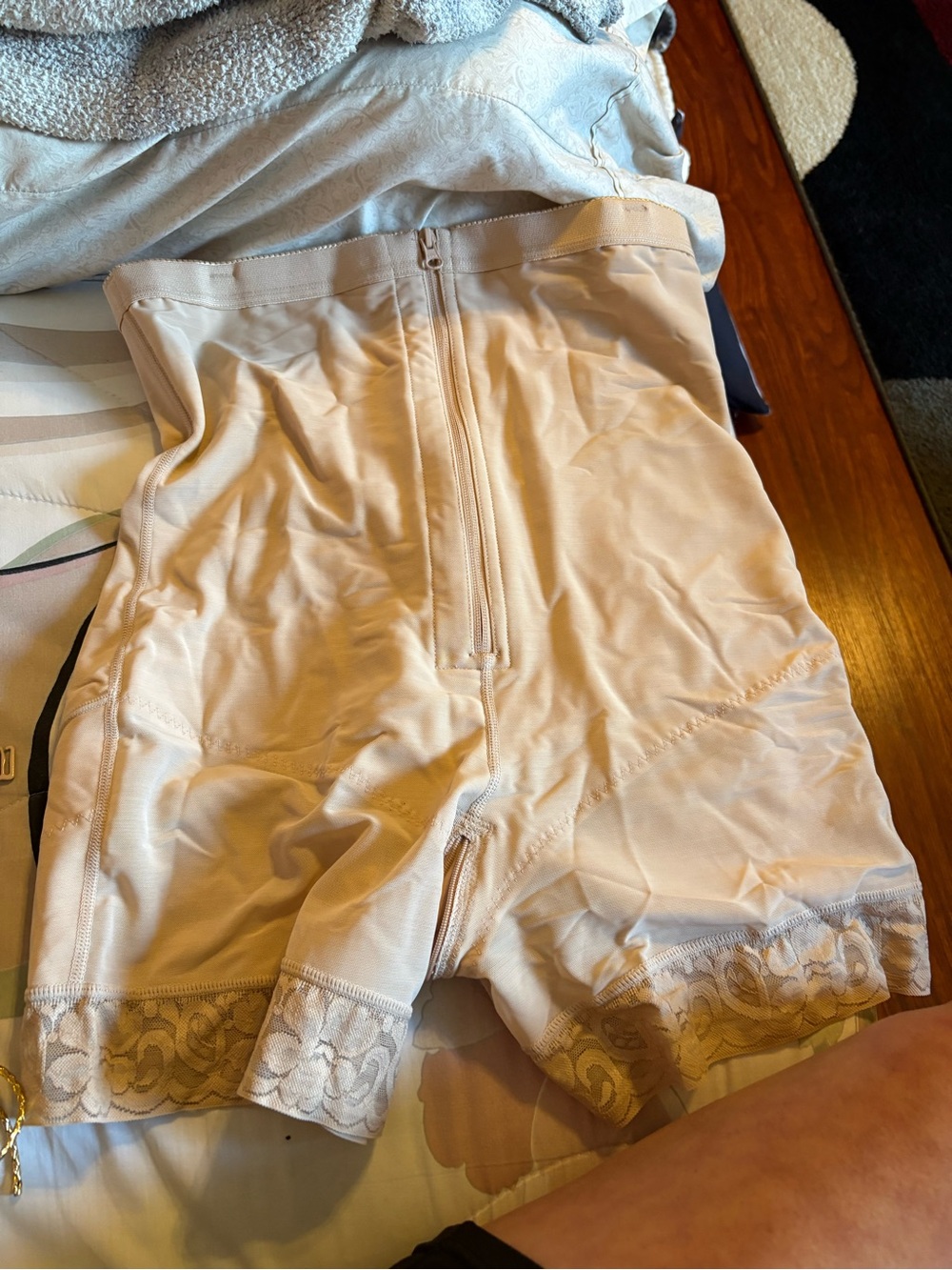 High-Waist Shaping Shorts with Lace Hem - Beige